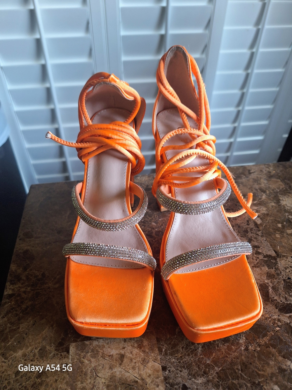 Orange Strappy Rhinestone Block Heel Sandals